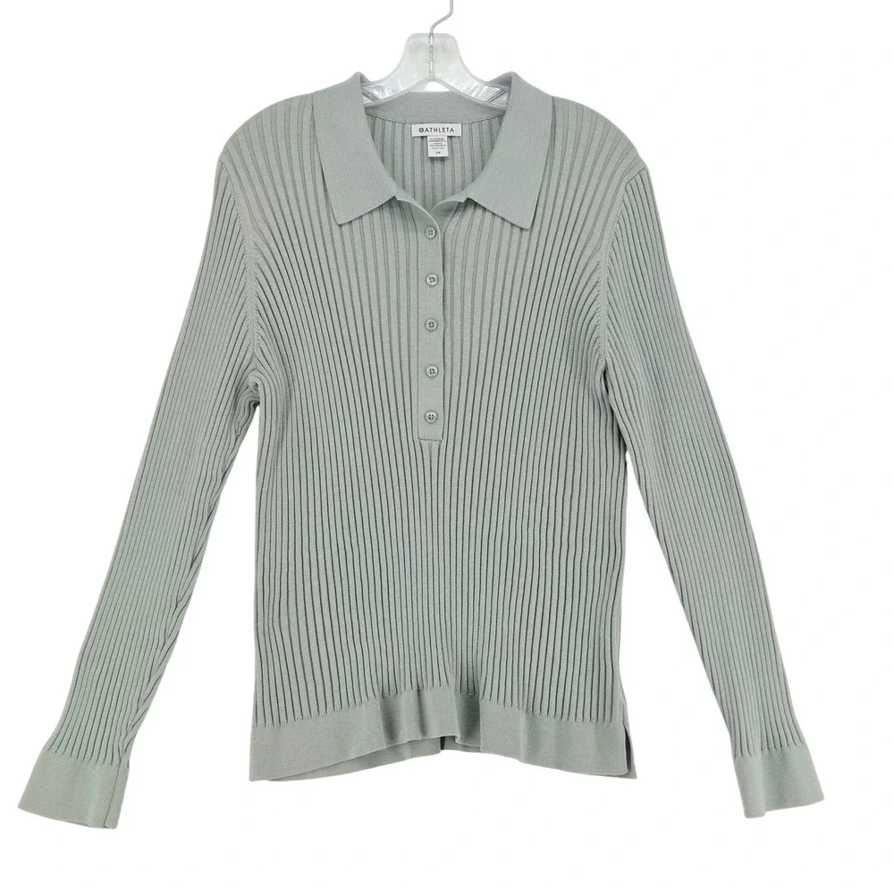 Athleta Women 2X 2XL Sweet Bay Henley Sweater‎ Ribbed Knit Top LS Mint Green